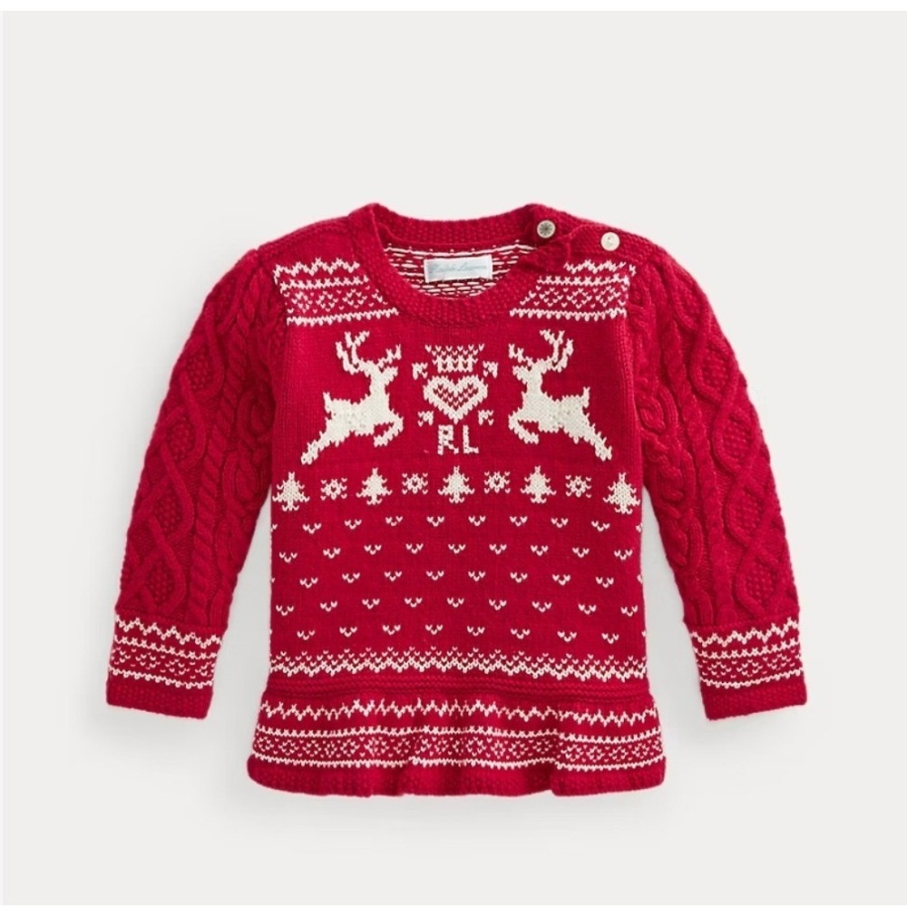 Ralph Lauren Red Fair Isle Cotton Wool Peplum Christmas Reindeer Sweater 12 Mon
